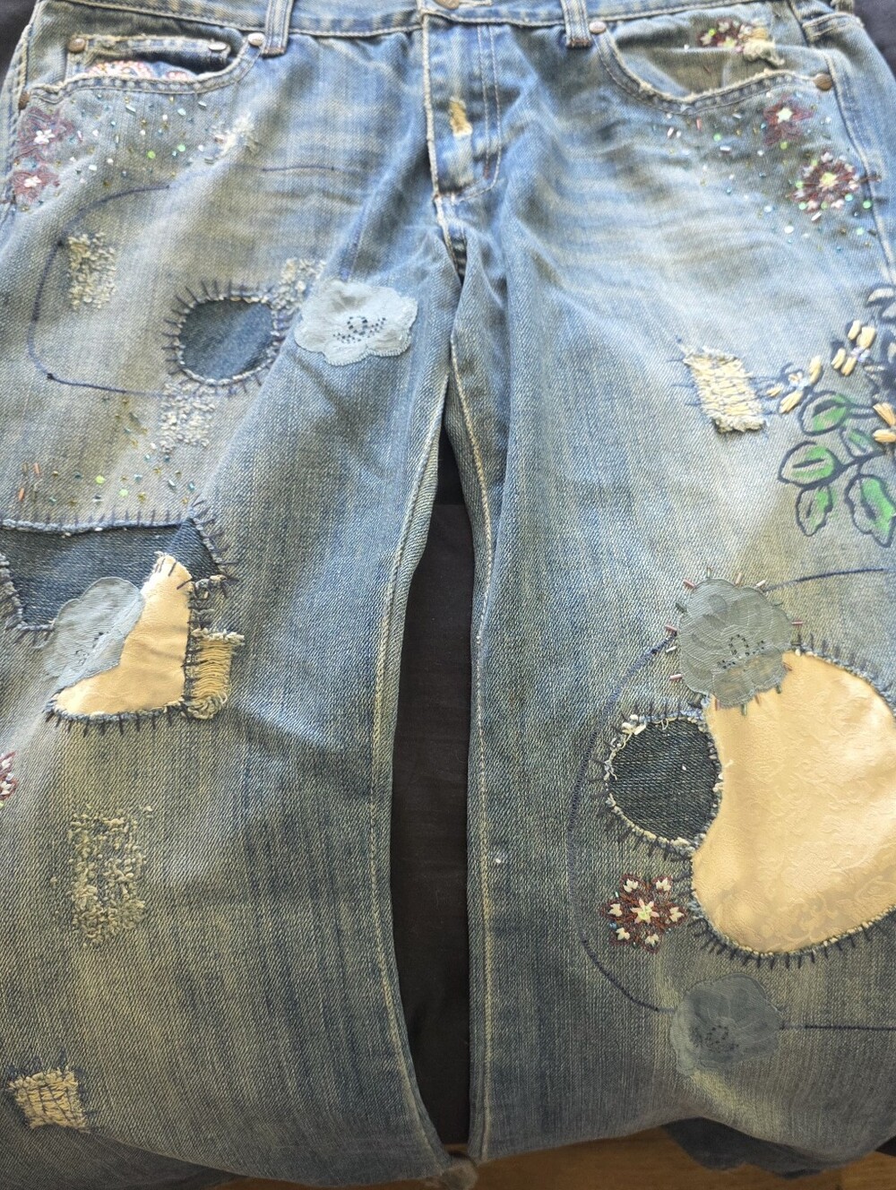 Vintage Lilu Patchwork Embroidered Flare Jeans Boho Festival Y2K Art Denim